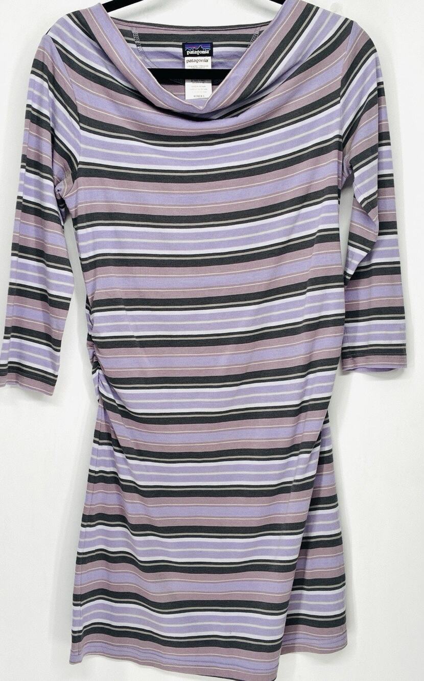 Patagonia Kamala Dress Size XS Cowl Neck Ruched Sides Purple Lilac Gray Stripes